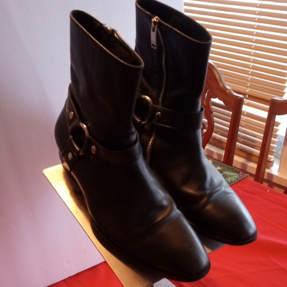 Men's Designer Style Custom Made Black Leather Stack Heel Harness Boot. Sz 9 1/2